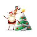 Santa Claus and Reindeer put star on the top of Christmas tree - Reindeer on SantaÃÂ´s beck - isolated