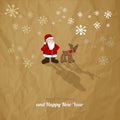 Santa Claus and reindeer Rudolph Christmas postcard vintage eps vector. Holidays symbol. Royalty Free Stock Photo