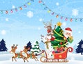 Santa Claus with reindeer sledge in snow falling Royalty Free Stock Photo