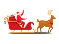 Santa Claus on reindeer sleg carries with gifts to children vector illustration, isolated on white background. Merry Royalty Free Stock Photo