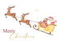 Watercolor card with santa claus in reindeer sleigh with stars i wish you a merry christmas Royalty Free Stock Photo