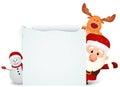 Santa Claus with reindeer and snowman with blank sign