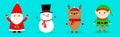 Santa Claus Reindeer Snowman Elf Deer line set. Merry Christmas. Happy New Year. Red green black hat, scarf. Cute cartoon funny