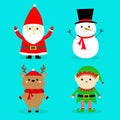 Santa Claus Reindeer Snowman Elf Deer set. Merry Christmas. Happy New Year. Red green black hat, scarf. Cute cartoon funny kawaii Royalty Free Stock Photo