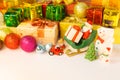 Santa Claus, reindeer and snowman get off to deliver good kids gifts, background with decorated Christmas present boxes, tree and