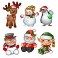 Santa Claus, reindeer, snowman, penguin, Santas helper and apprentice. Sketch for greeting card, festive poster or party