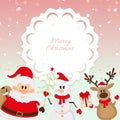 Santa Claus, reindeer, snowman on pink background