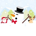 Santa claus, reindeer and snowman on snow with snowflake christmas