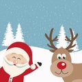 Santa claus and reindeer snowy background