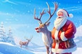 Santa Claus and reindeer standing in the snow with blue sky in the background. Cartoon style Royalty Free Stock Photo