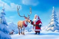 Santa Claus and reindeer standing in the snow with blue sky in the background. Cartoon style Royalty Free Stock Photo