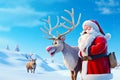Santa Claus and reindeer standing in the snow with blue sky in the background. Cartoon style Royalty Free Stock Photo