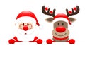 Santa Claus And Reindeer With Stars Holding Horizontal Banner