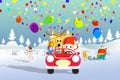 Santa claus and Reindeers drive red car. Royalty Free Stock Photo