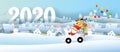 Santa claus and Reindeers drive white car and Festive boxes Royalty Free Stock Photo