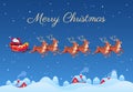Santa Claus And Reindeers. Santa Flying Over Winter Landscape. Christmas Vector Card