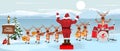 Santa Claus and reindeers with musical instruments New year christmas Orchestra concert on winter landscape scenery