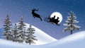 Santa claus with reindeers and sleigh, moon, trees and snowfall
