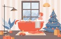 Santa Claus relaxing in bath vector flat illustration. Santa Claus in shower cap taking a bath in bathroom.