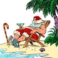 Santa Claus is resting at a resort by the sea on the beach. Christmas and New Year. Winter seasonal holiday Royalty Free Stock Photo