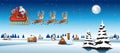 Santa claus ride sleigh with deer fly over village to send gift to everyone