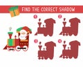 Santa Claus rides the Christmas train. Find the correct shadow. Game for children. Activity, color vector illustration