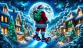 Santa on hoverboard in snowy village under moonlit sky.Generative AI