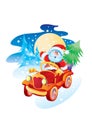 Santa claus rides a red car and carries gifts and a christmas tree, isolated object on a white background, vector illustration, Royalty Free Stock Photo