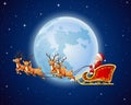 Santa Claus rides reindeer sleigh against a full moon background Royalty Free Stock Photo