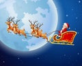 Santa Claus rides reindeer sleigh against a full moon background Royalty Free Stock Photo