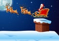 Santa Claus rides reindeer sleigh against a full moon background Royalty Free Stock Photo