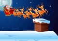 Santa Claus rides reindeer sleigh flying in the sky Royalty Free Stock Photo