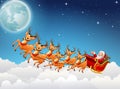 Santa Claus rides reindeer sleigh flying in the sky Royalty Free Stock Photo