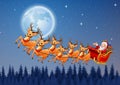 Santa Claus rides reindeer sleigh flying in the sky Royalty Free Stock Photo