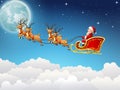 Santa Claus rides reindeer sleigh flying in the sky Royalty Free Stock Photo