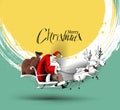 Santa Claus rides reindeer sleigh flying in the vector background. Royalty Free Stock Photo