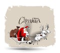 Santa Claus rides reindeer sleigh flying in the vector Royalty Free Stock Photo