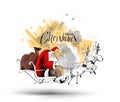 Santa Claus rides reindeer sleigh flying in the vector Royalty Free Stock Photo