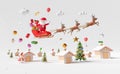 Santa Claus rides reindeer sleigh with house, gift box,snow,christmas tree isolated on white background.website or poster or Royalty Free Stock Photo