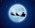 Santa Claus rides reindeer sleigh silhouette against a full moon background Royalty Free Stock Photo