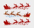 Santa Claus rides in sleigh pulled by reindeer. Christmas, xmas concept. Silhouette vector illustration