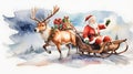 Santa Claus rides on a sleigh with reindeer painted in watercolor Royalty Free Stock Photo