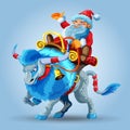 Santa Claus rides a snowy blue bull. Blue taurus with long mane. Santa claus riding a saddle. Happy new year greeting Royalty Free Stock Photo