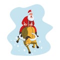 Santa Claus is riding a charismatic bull and he is scared a bit. Vector flat design winter illustration