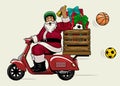 Santa Claus Riding Classic Old Scooter Delivering Christmas Presents