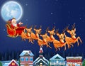 Santa Claus riding his reindeer sleigh flying over town Royalty Free Stock Photo