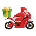 Santa Claus riding modern motorcycle delivering gifts. Design for celebration ornament for merry christmas card Royalty Free Stock Photo