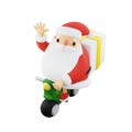 Santa Claus Riding Motorbike and Waving Hand in Night. Christmas Gift Delivery Service 3D rendering illustration. Royalty Free Stock Photo