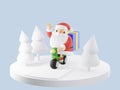 Santa Claus Riding Motorbike and Waving Hand in Night. Christmas Gift Delivery Service 3D rendering illustration. Royalty Free Stock Photo