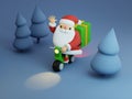 Santa Claus Riding Motorbike and Waving Hand in Night Forest. Christmas Gift Delivery 3d rendering illustration. Royalty Free Stock Photo